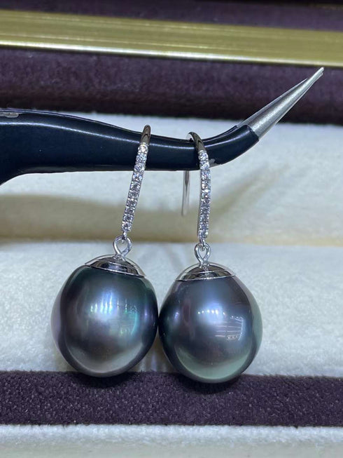 11-12 mm Tahitian Drop Pearl Earrings -18K White Gold - House Of Pearls